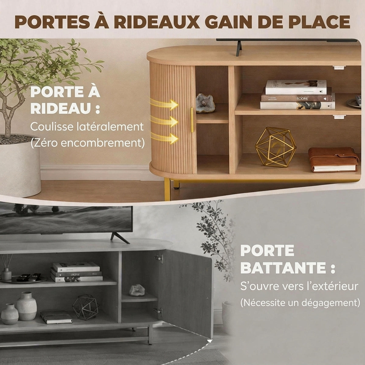 Meuble TV 140 cm avec 2 Prises et 2 Ports, Meuble Télé pour 84 Pouces, 2 Portes Battantes, 2 Portes Coulissantes, Chêne-4