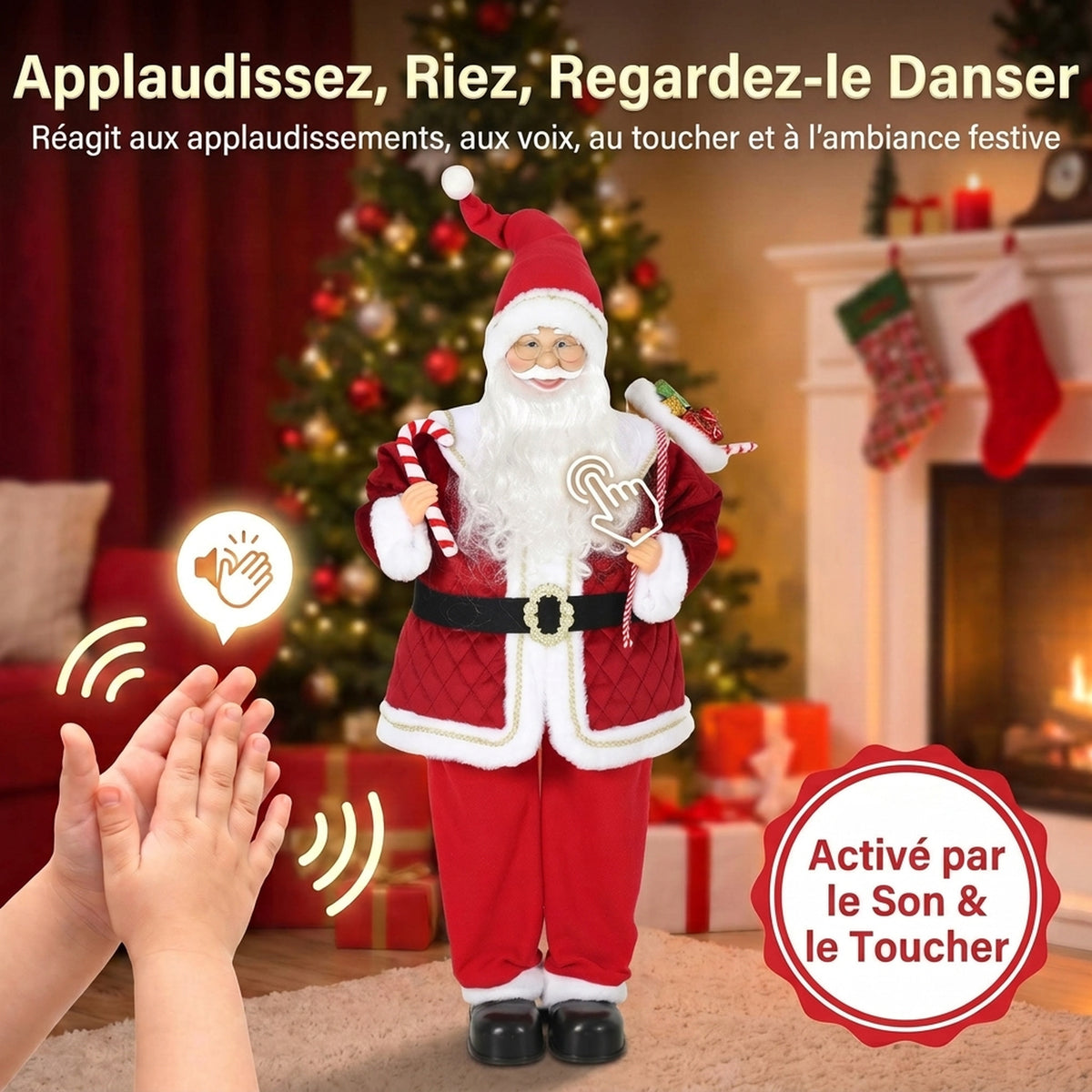Père Noël Animé 120 cm avec Musique, Décoration de Noël Chantante à Tête Mobile, Activation Sonore et Tactile, Rouge-4