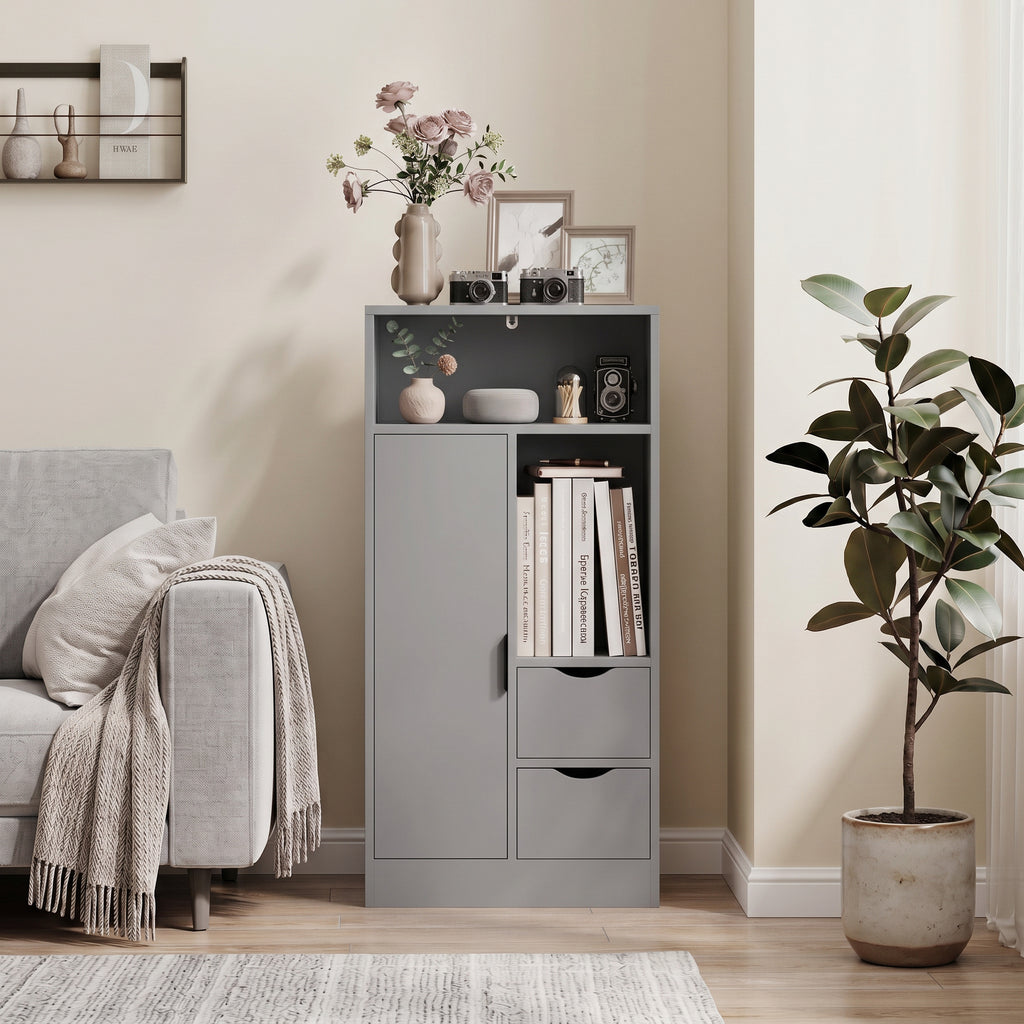 Meuble de salle de bain, meuble de rangement étroit avec 2 tiroirs, compartiments ouverts, 50x25x100cm, gris-9