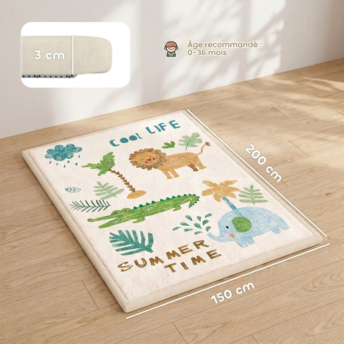 Tapis de Jeu pour Enfants Tapis de Chambre d'Enfant en Mousse Épaisseur 3 cm Motif Animal Base Antidérapante 150x200cm-2