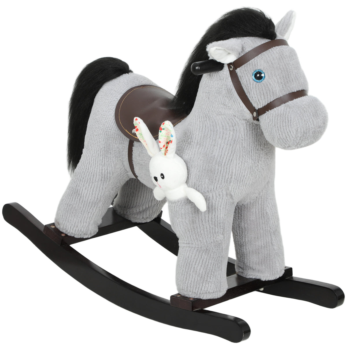 Cheval à bascule pour enfants, jouet à bascule bébé en peluche avec eouetffet sonore et poupée, 65 x 26 x 55 cm, gris-0