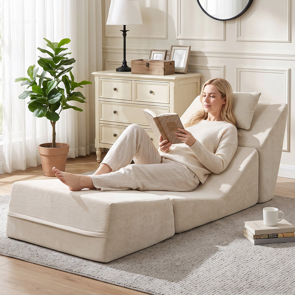 Canapé-Lit Pliant 3 en 1, Chauffeuse 1 Place Convertible en Chenille, Coussin et Dossier, Compressé Sans Montage, Beige-9