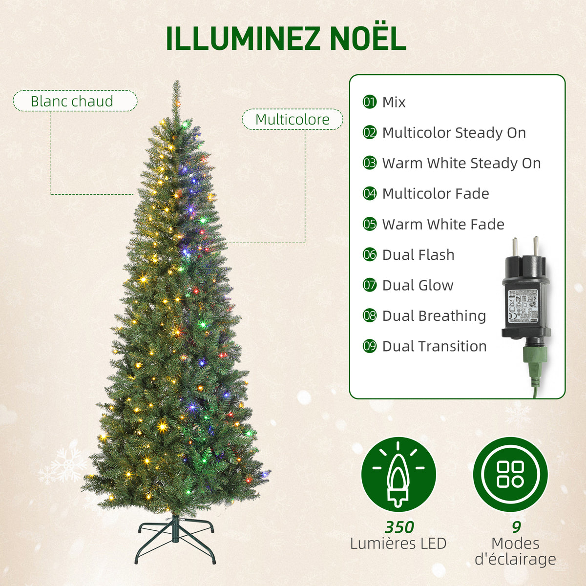 Sapin de Noël artificiel 210 cm, arbre de Noël fin avec 350 lumières, 1273 pointes, support en métal pliable, vert-4