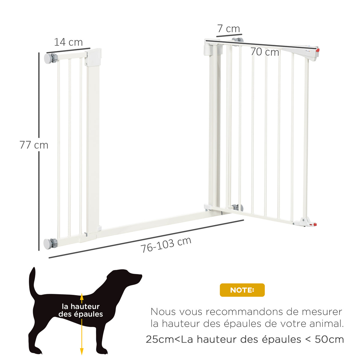 Barrière de sécurité pour chien animaux sans perçage avec fermeture automatique largeur 76-103 cm blanc-2