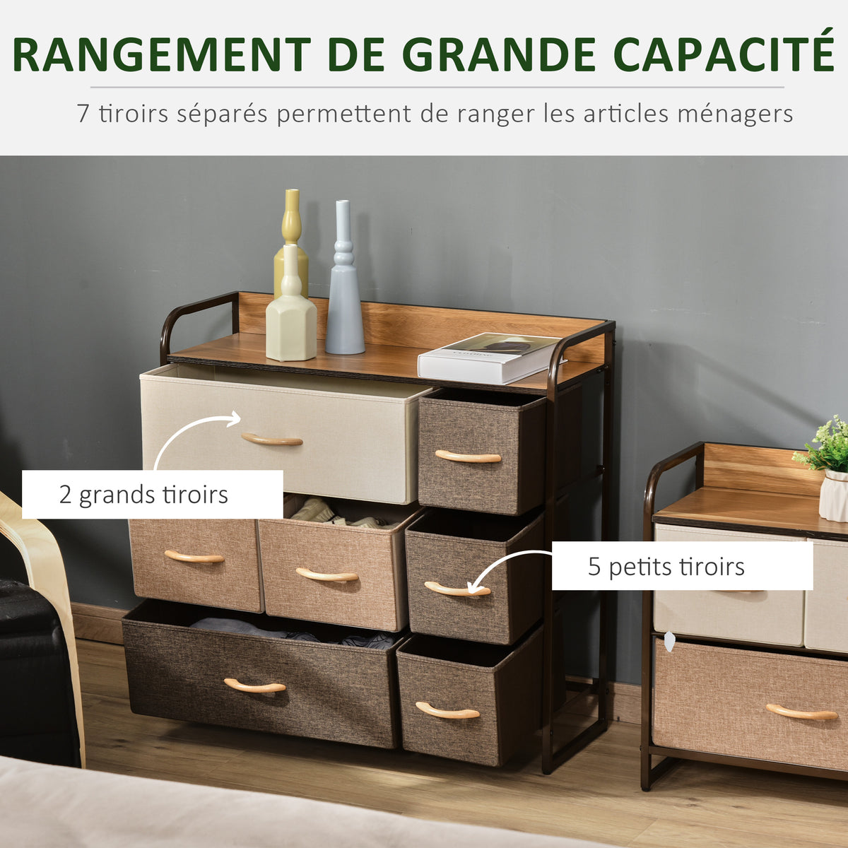 Commode 7 tiroirs meuble de rangement tiroir en tissu pliant - structure acier noir - 80L x 29l x 78,5H cm, multicolore-3