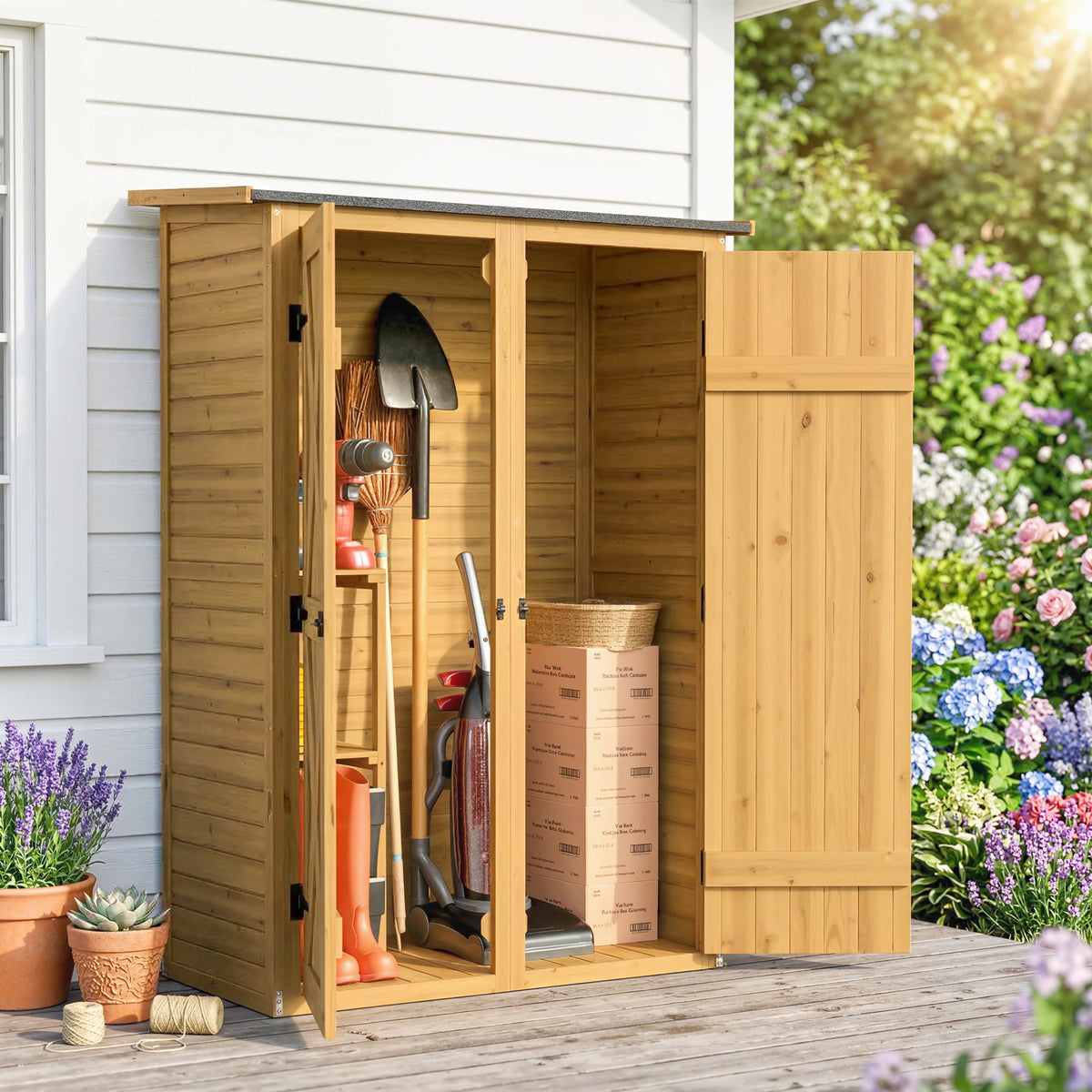 Abri de Rangement en Bois, Cabane de Jardin avec 2 Étagères, Marron-9
