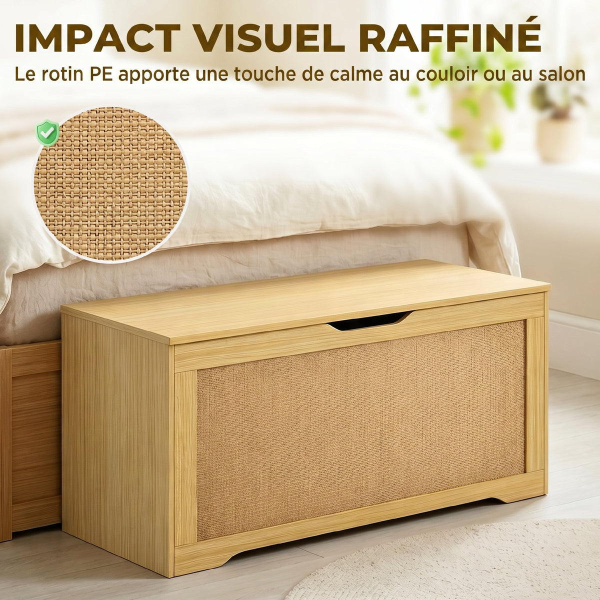 Coffre de Rangement en Rotin 136L, Banc Coffre avec Couvercle Relevable et 2 Charnières de Sécurité, Chêne-3