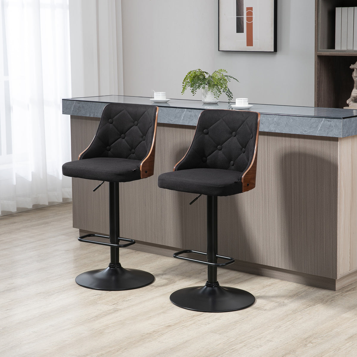 Lot de 2 tabourets de bar réglable en hauteur rotatif sur 360° avec repose-pieds, tissu capitonné-1