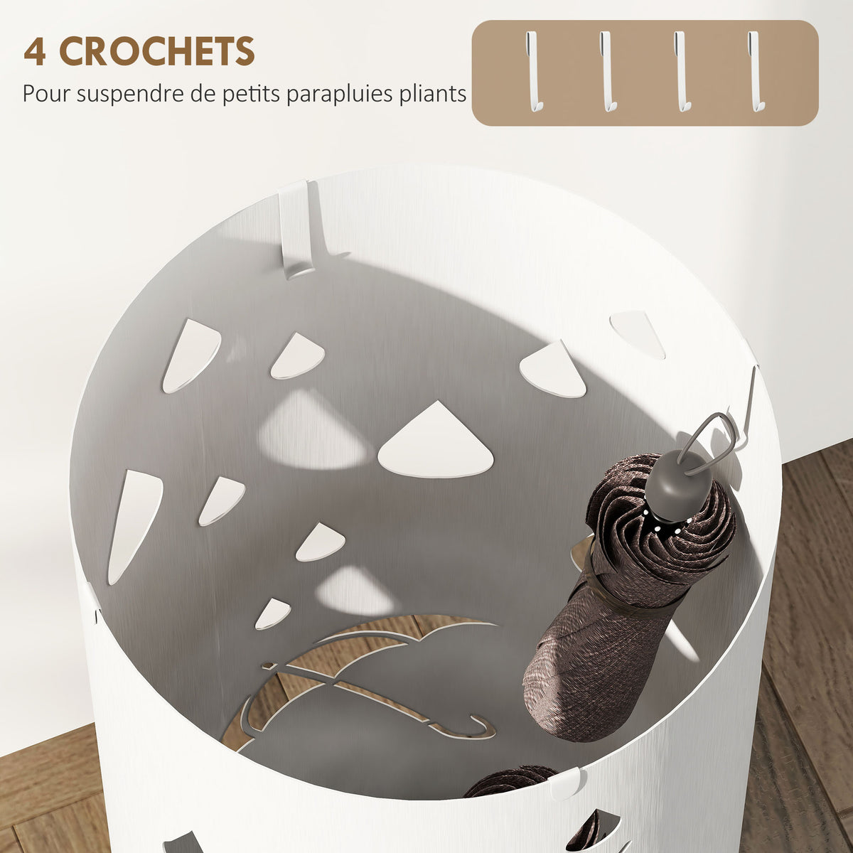 Porte parapluie cylindrique support pour parapluies bac d'égouttement amovible et 4 crochets, Ø 17 x 41 cm, blanc-5