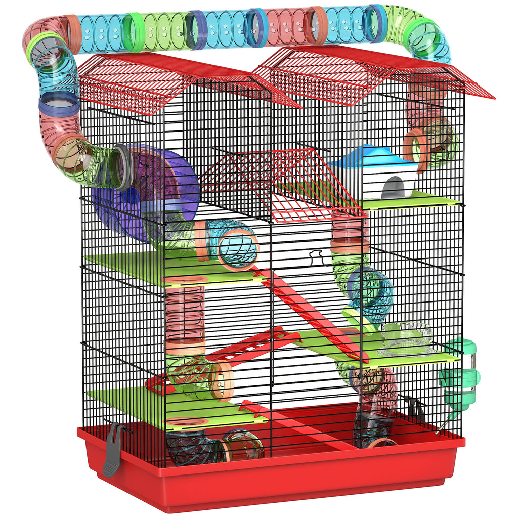 Cage pour hamster souris petit animaux rongeur avec tunnel mangeoire roue jouet 47 x 30 x 59 cm rouge-0
