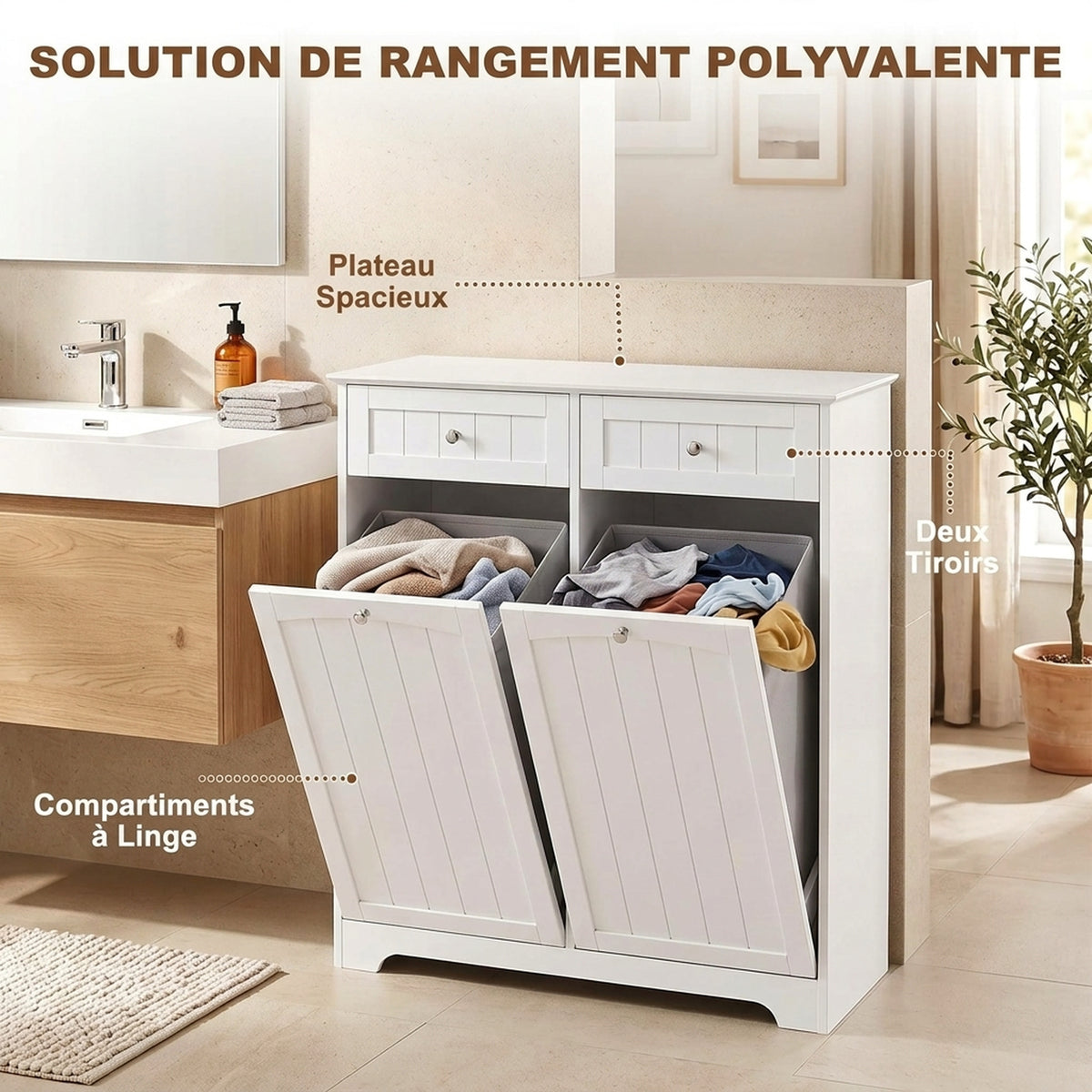 Meuble de Salle de Bain Moderne, 2 Tiroirs, 2 Paniers à Linge, Sacs Amovibles avec Poignées, 78 x 38 x 90 cm, Blanc-3