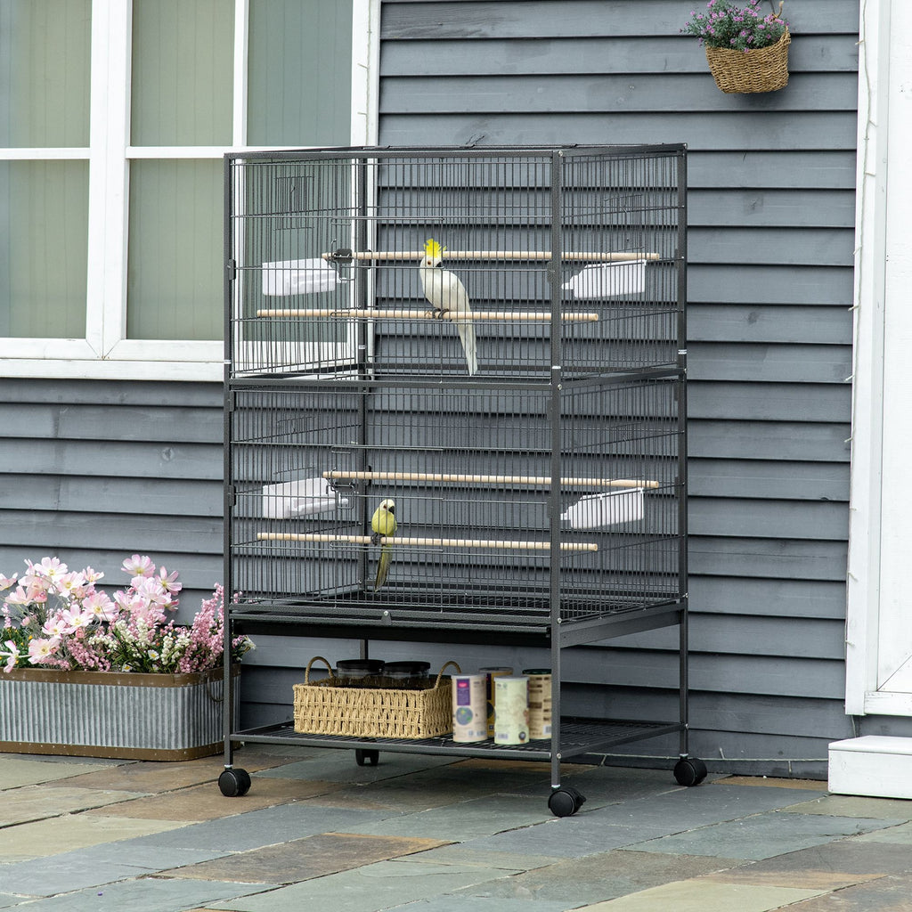 Cage à oiseaux sur pied volière oiseaux intérieur 4 perchoirs en bois et mangeoires fil d'acier gris foncé-1