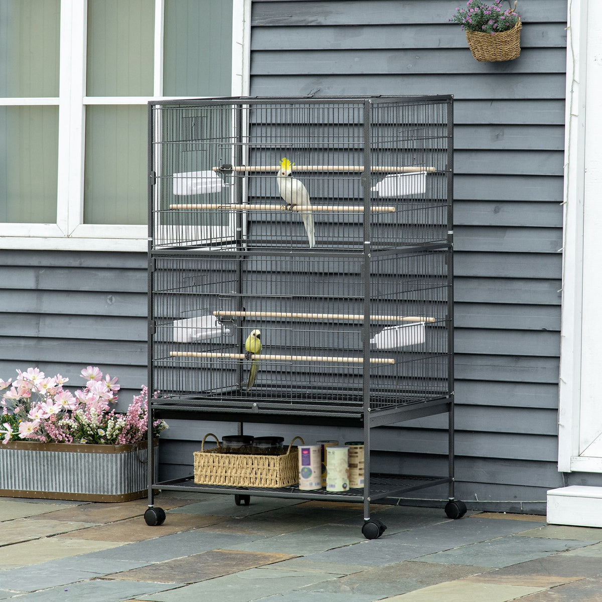 Cage à oiseaux sur pied volière oiseaux intérieur 4 perchoirs en bois et mangeoires fil d'acier gris foncé-1