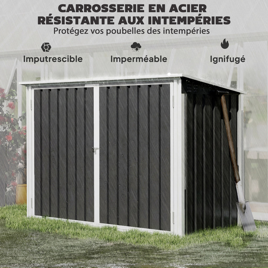 Cache Poubelle Double Abri de Jardin 2 Poubelles de 240L Couvercle Lié par Chaînes Vérins à Gaz 179,5x108x129,5cm Gris-6