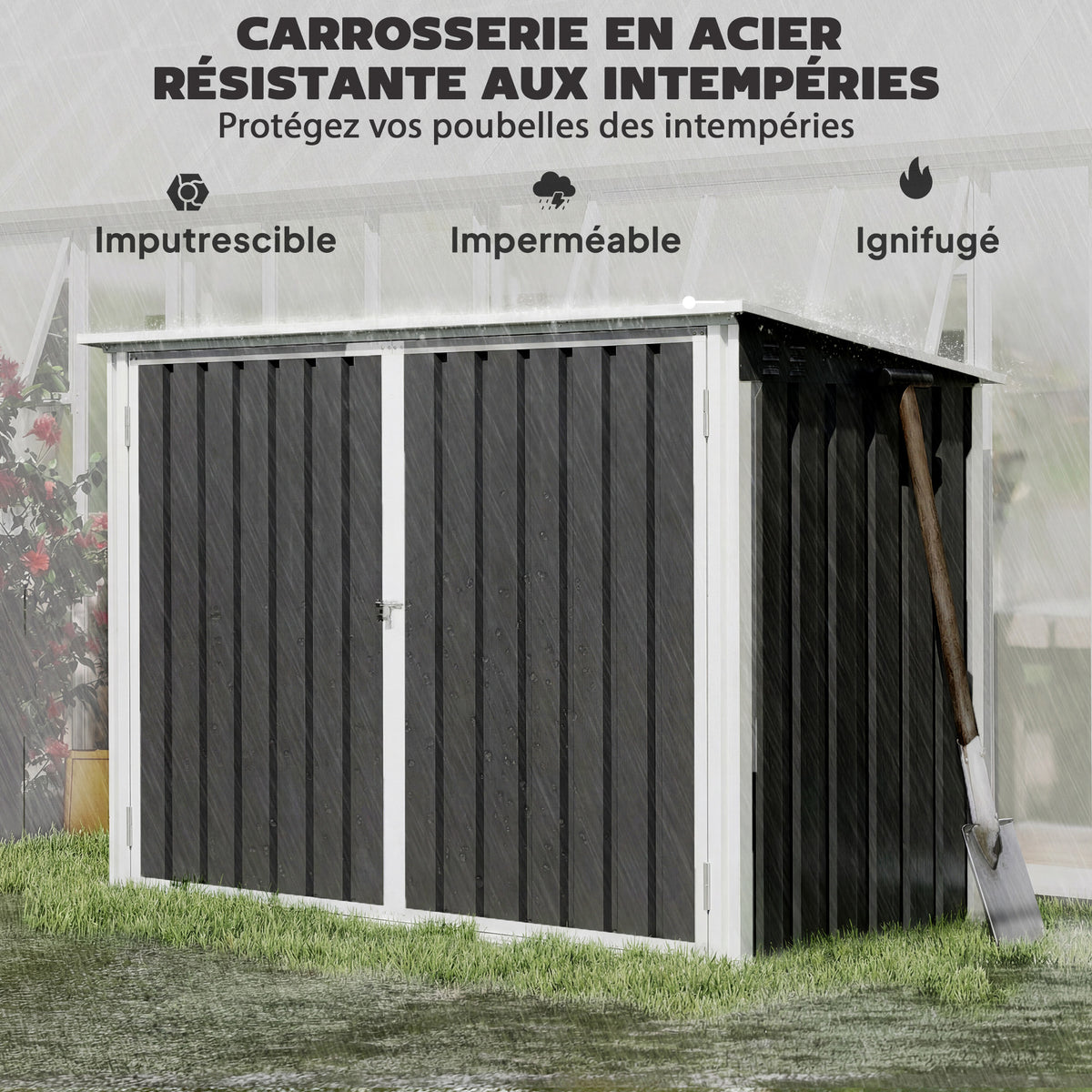 Cache Poubelle Double Abri de Jardin 2 Poubelles de 240L Couvercle Lié par Chaînes Vérins à Gaz 179,5x108x129,5cm Gris-6