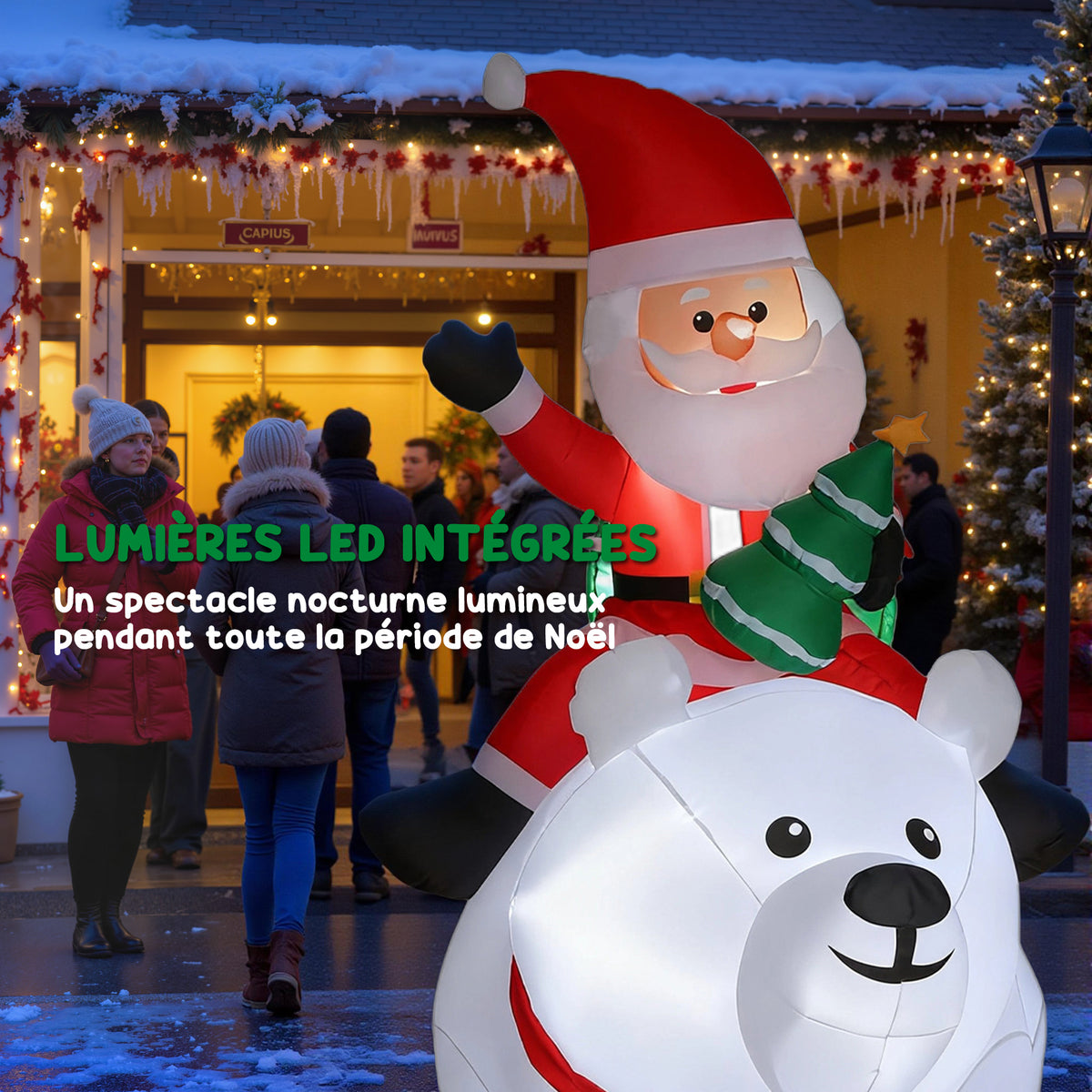 Père Noël gonflable de Noël sur ours polaire 200 cm, 5 lumières LED, décoration de Noël intérieure et extérieure, blanc-3