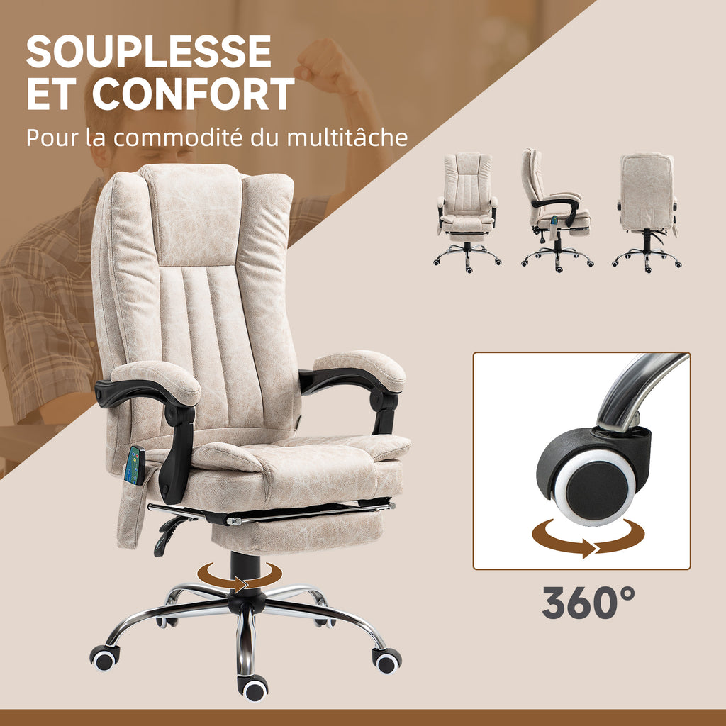 Fauteuil de bureau massant et chauffant avec hauteur réglable, dossier inclinable, repose-pied et télécommande, crème-5