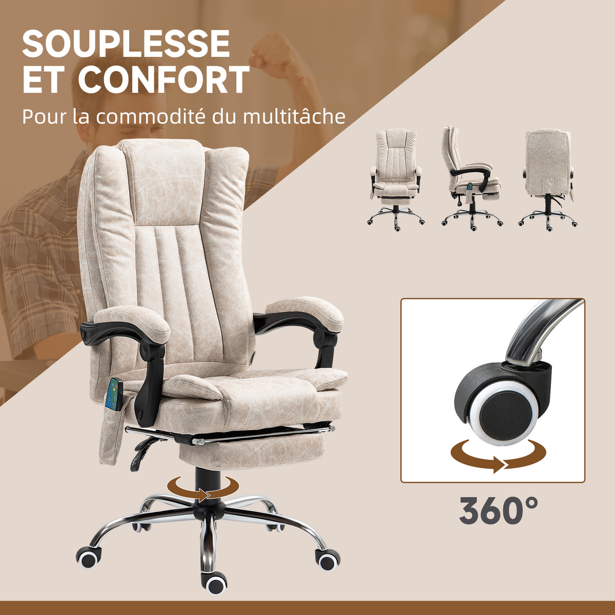 Fauteuil de bureau massant et chauffant avec hauteur réglable, dossier inclinable, repose-pied et télécommande, crème-5
