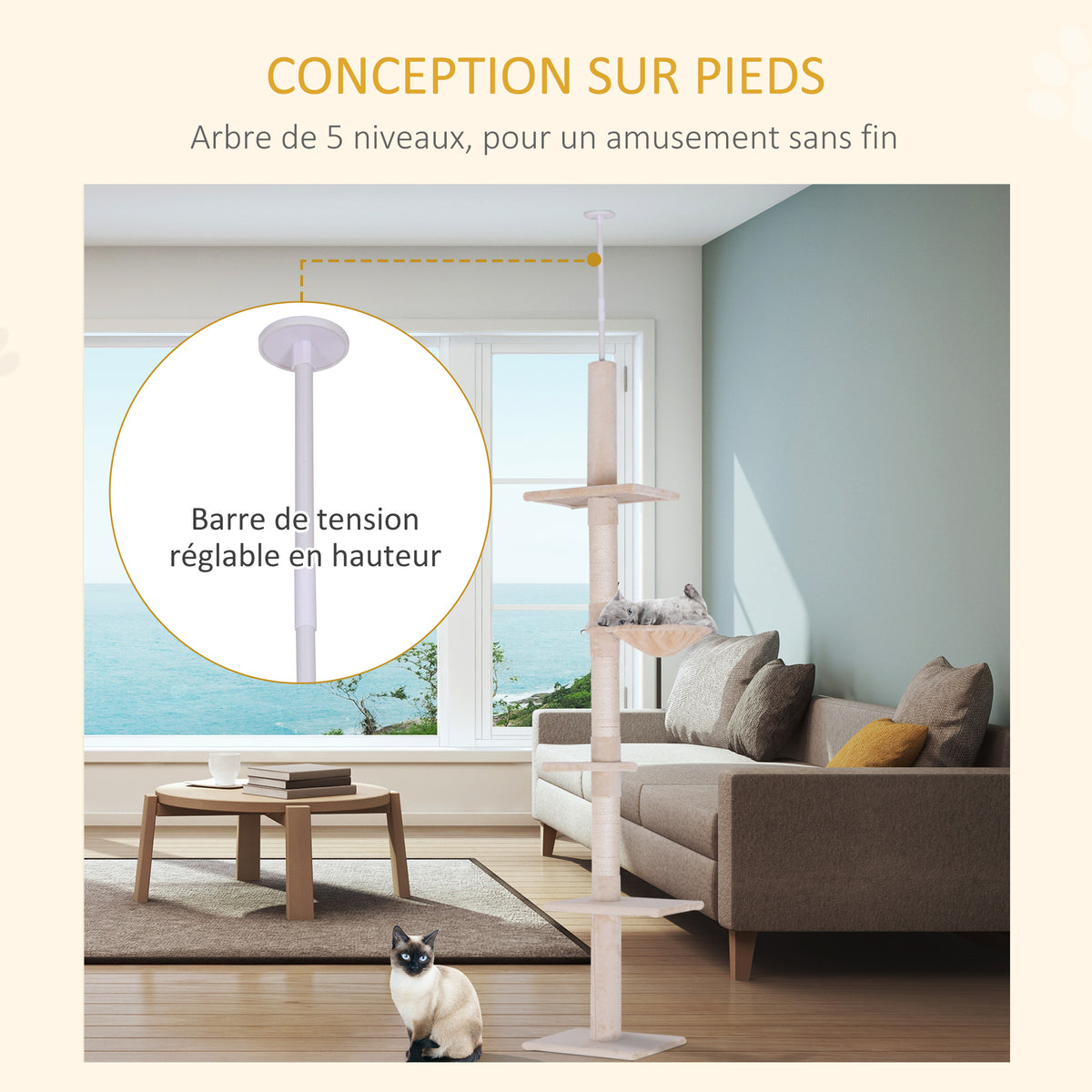 Arbre chat du sol au plafond poteau à griffer L40 x l 34 x H 230-260 cm 5 niveaux d'activités beige-4