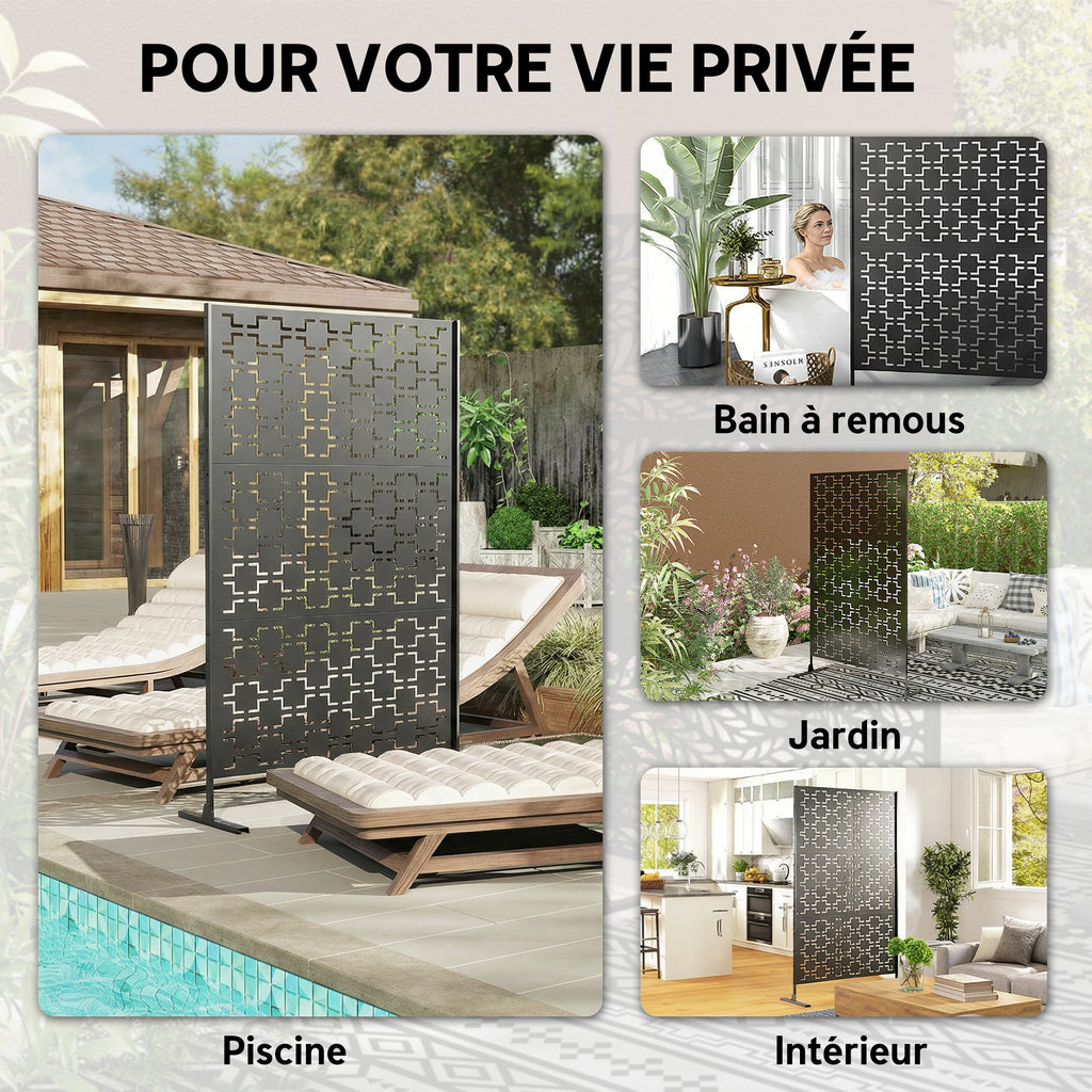 Panneau brise vue décoratif paravent extérieur à motif géométrique ajouré en métal - 122 x 45 x 198 cm, noir-5