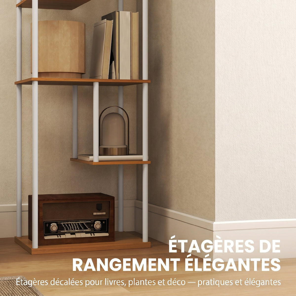 Lampadaire avec étagères, lampadaire sur pied de salon dimmable, télécommande, 40 x 29 x 171 cm, bois naturel-5