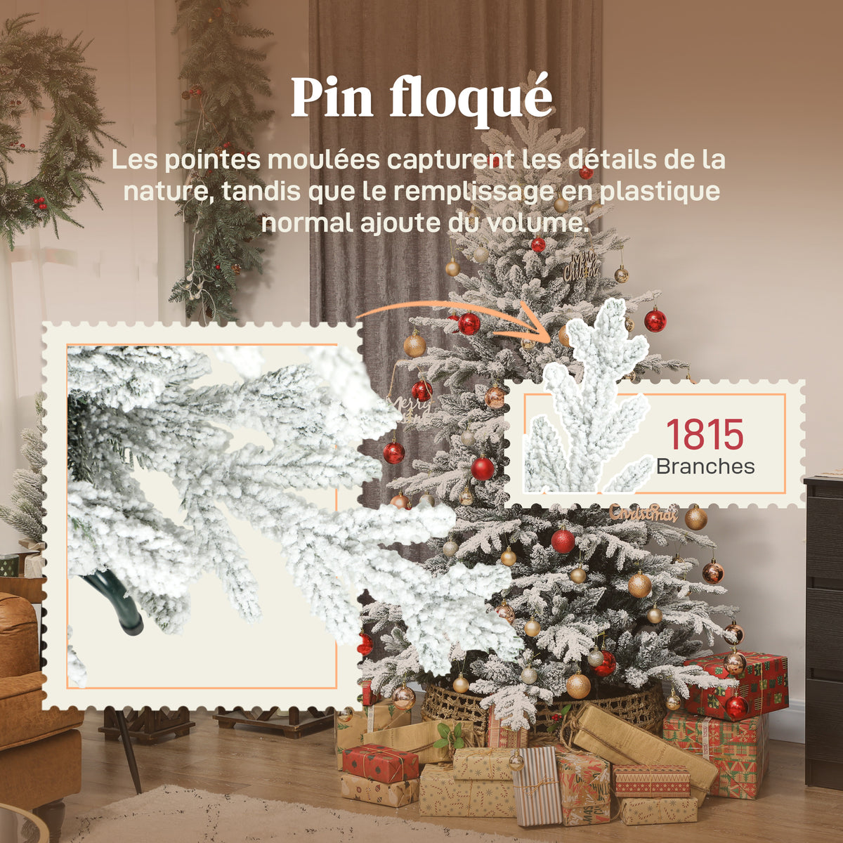 Sapin de Noël artificiel floqué de neige 180 cm, arbre de Noël avec 1815 branche, support en métal pliable, vert-4