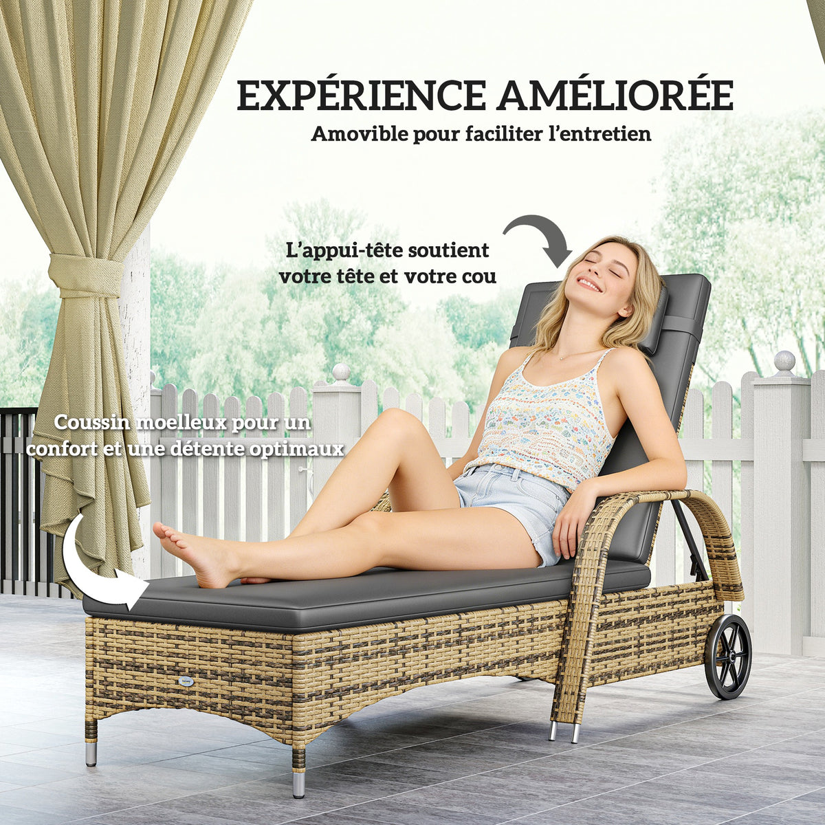 Transat bain de soleil matelas inclinaison réglable multipositions accoudoirs roulettes 200 x 73 x 30-103 cm jaune-4