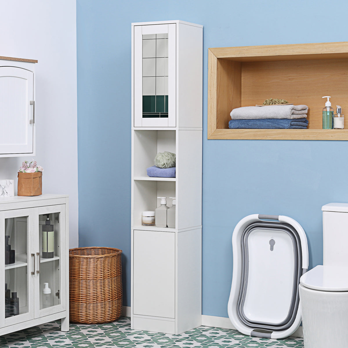 Armoire salle de bain haute, meuble de rangement colonne avec miroir, 2 portes, étagères réglables, 30x28x170cm, blanc-1