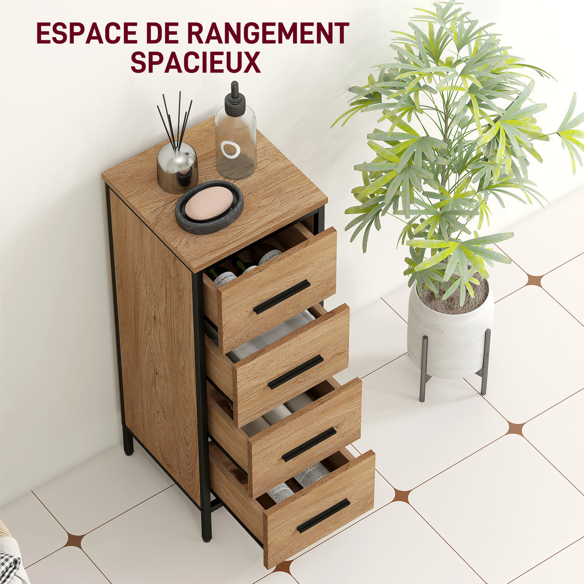 Meuble de salle de bain étroit avec 4 tiroirs et structure en acier, 30 x 30 x 82 cm, chêne-3