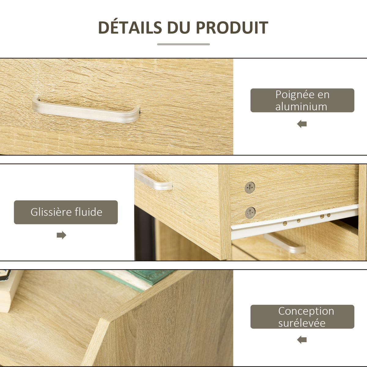 Caisson bureau rangement sur roulettes 4 tiroirs coulissants MDF et panneaux particules 40x36x65cm bois naturel-5