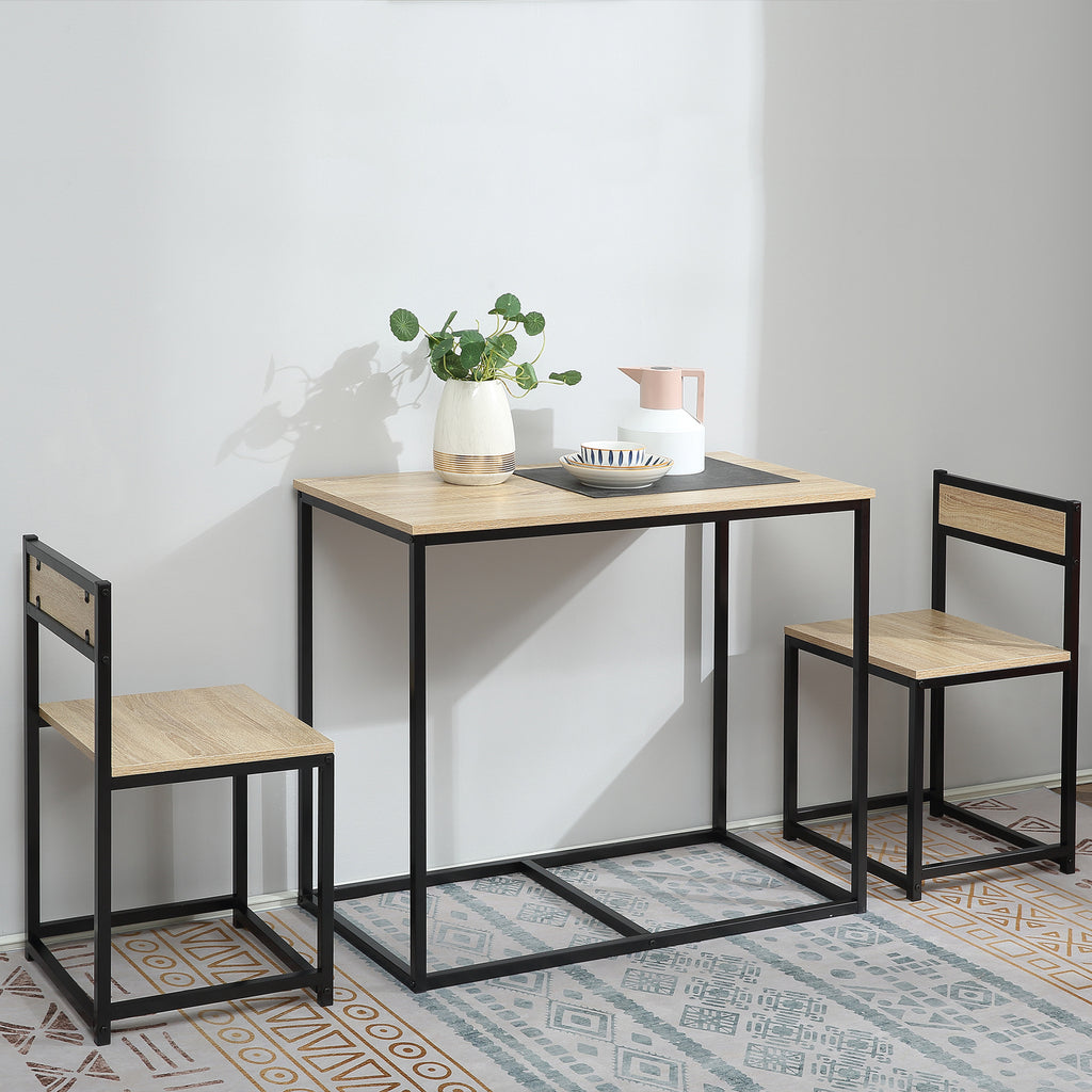 Ensemble Table et chaises de Salle à manger Set de 1 Table + 2 chaises encastrables pour Cuisine - métal Noir Aspect chêne Clair-1