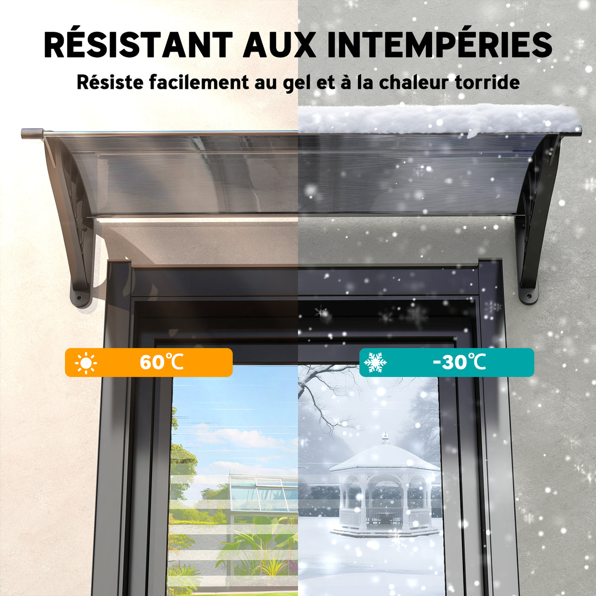 Auvent de porte d'entrée, toit marquise de porte exterieur en polycarbonate et aluminium résistante 100 x 75 cm noir-5