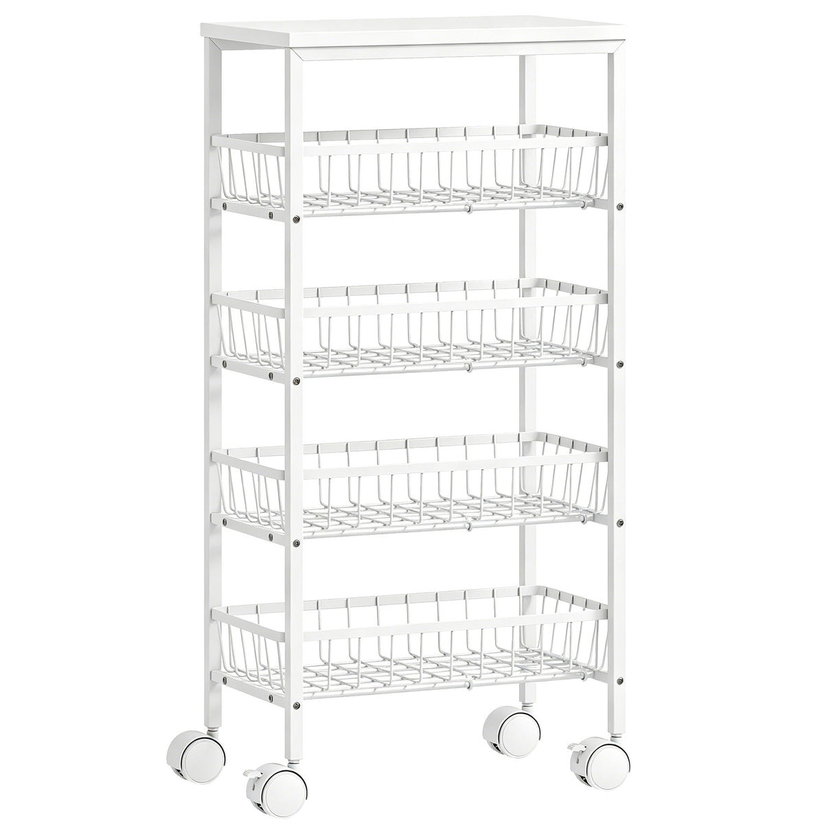 Chariot de rangement à 4 niveaux, desserte à roulettes avec paniers amovibles, cadre en métal, blanc-0