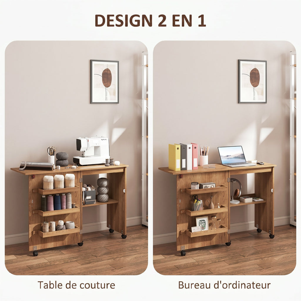 Table de couture pliante meuble couture à abattant avec bacs de rangement, étagère ouverte et roulettes, marron-5