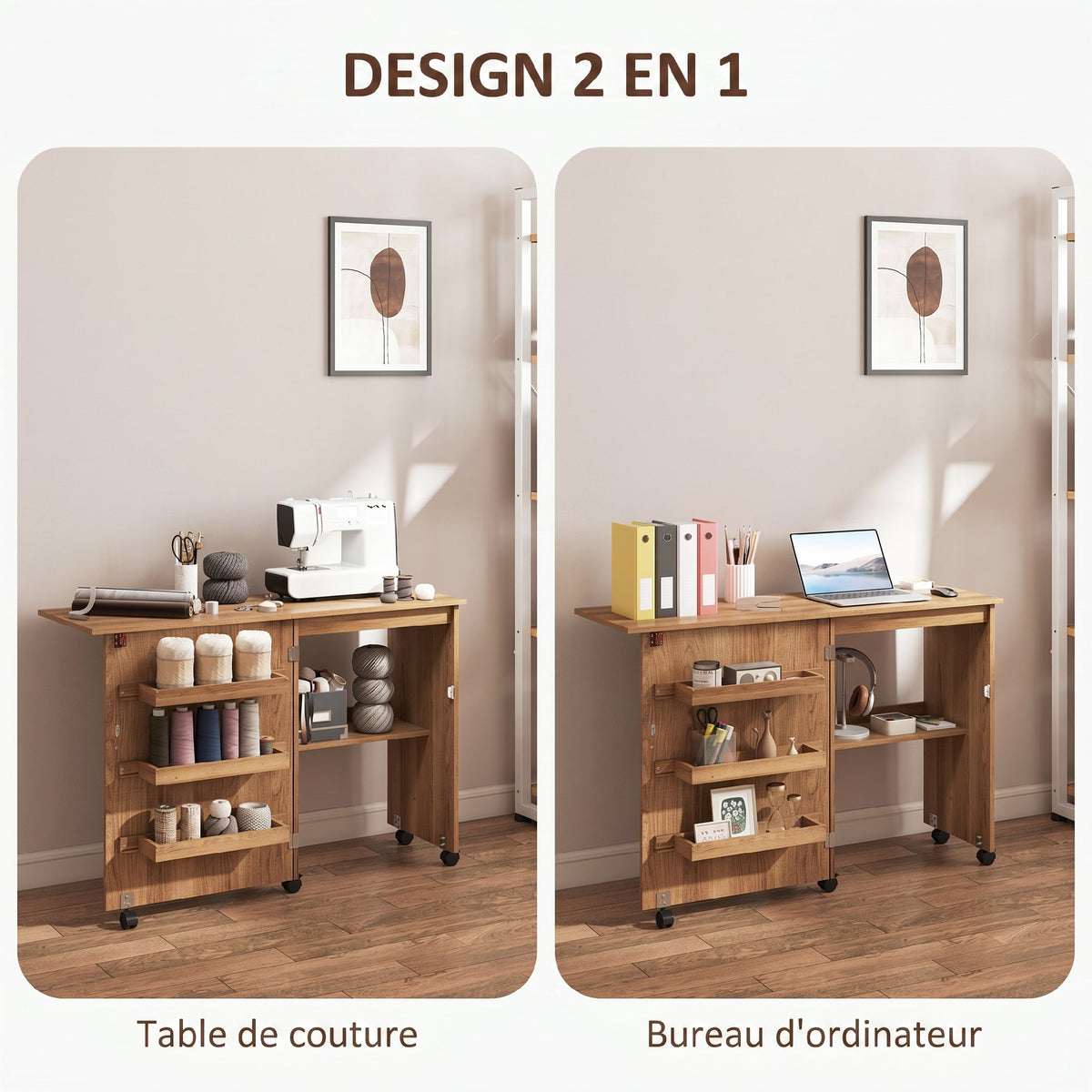 Table de couture pliante meuble couture à abattant avec bacs de rangement, étagère ouverte et roulettes, marron-5