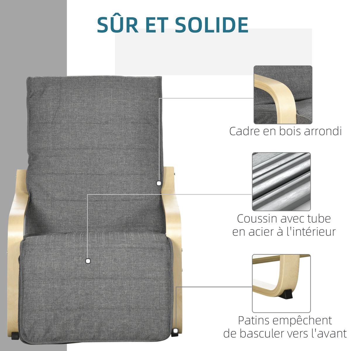 Fauteuil Luxe Confort et Relaxation avec Repose-Pied réglable déhoussable 94 x 66,5 x 100 cm cm Bois Massif Gris-5
