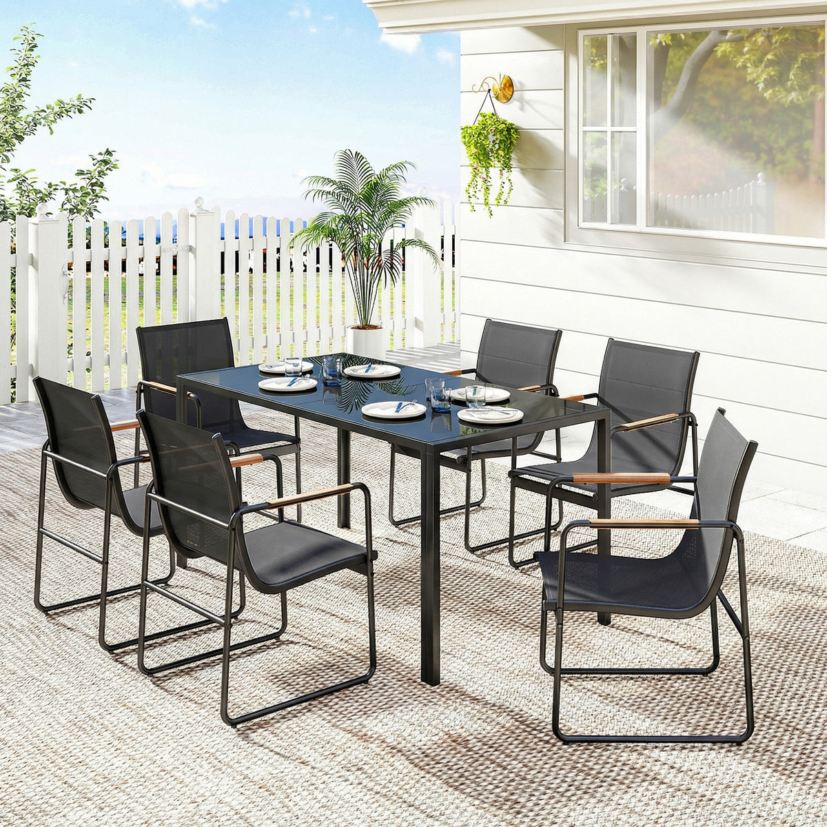 Ensemble de Salle à Manger d'Extérieur 7 Pièces pour 6 Personnes, Table en Verre et Chaises avec Accoudoirs Décoratifs, Maille Résistante aux Intempéries, Noir-9