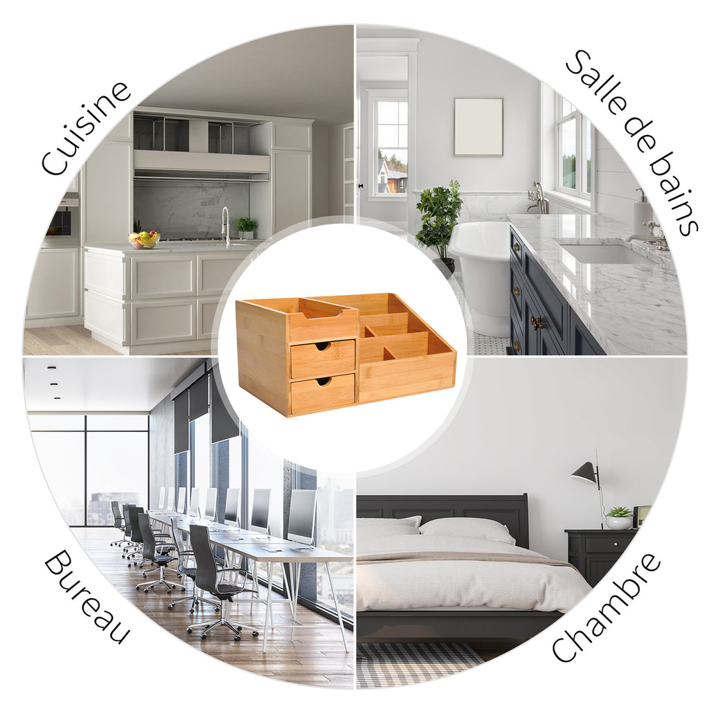 Lot de 2 boîtes de Rangement de Bureau - Organiseur de Bureau - 7 Compartiments, 2 tiroirs - Bambou Verni-6