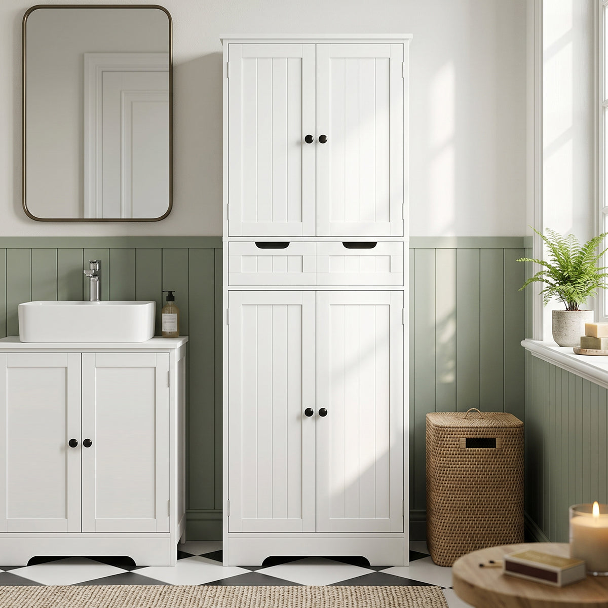 Meuble de salle de bain, meuble de rangement avec tiroir et 4 portes, style moderne, 60 x 30 x 160 cm, blanc-1