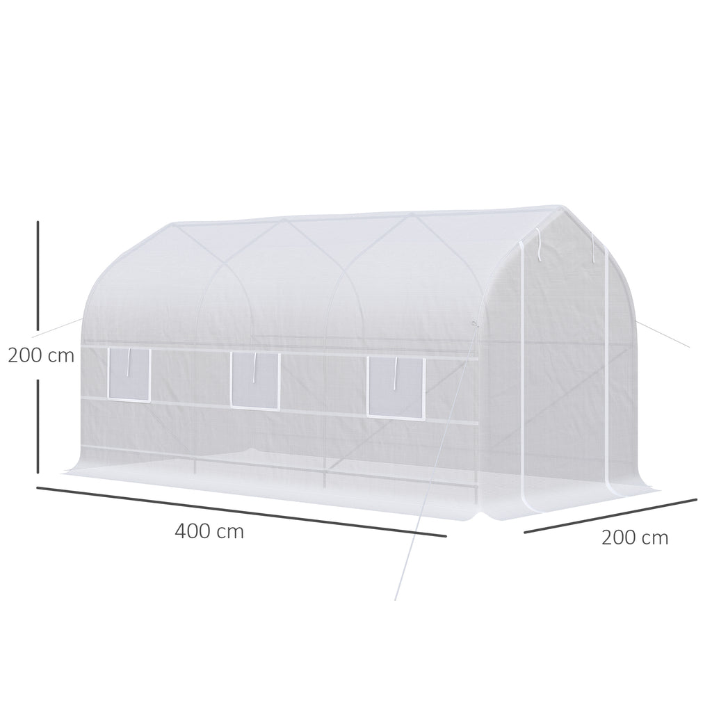 Serre tunnel de jardin 8m², serre de jardin tunnel avec 1 portes et 6 fenêtres, bâche PE 140g/m² 400x200x200cm blanc-2