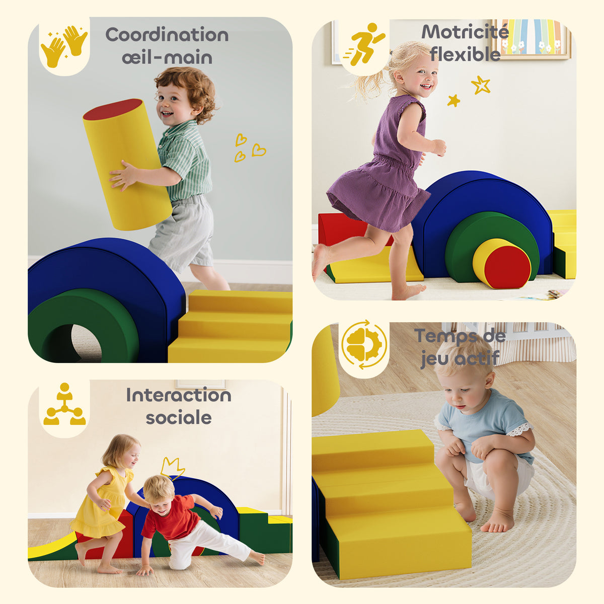 Parcours motricité enfants jouets d'escalade modulable 5 briques géantes en mousse 181 x 39 x 44 cm multicolore-5