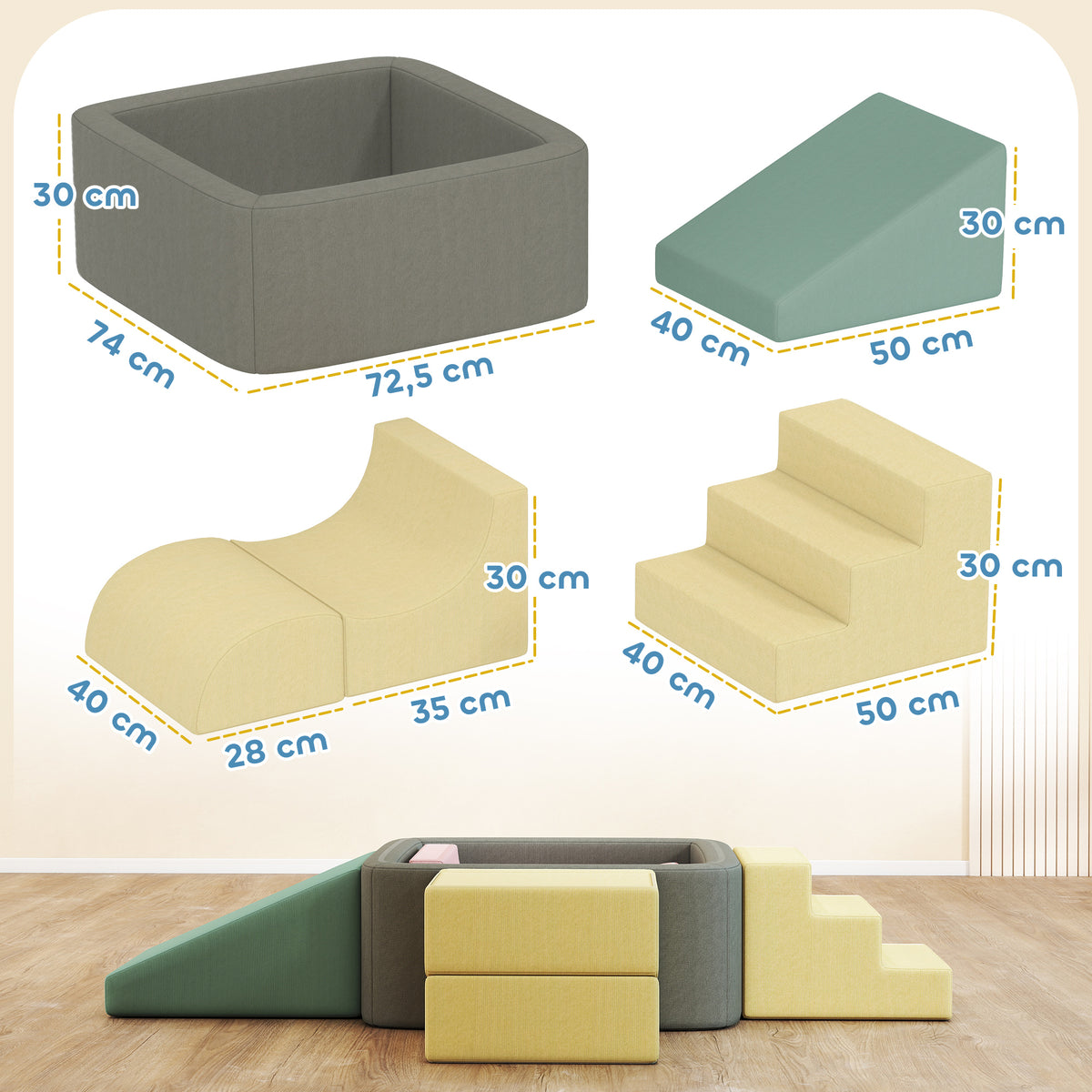 Parcours motricité bébé modulable en mousse 7 pièces housse lavable en velours côtelé 174 x 174 x 30 cm multicolore-2