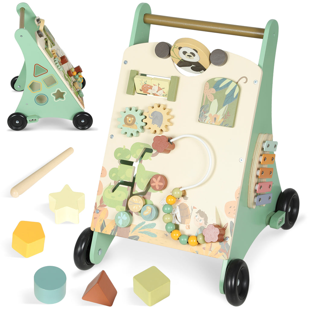 Trotteur en bois pour bébé 18+ mois, chariot de marche, contrôle de vitesse, centre d'activités, 33,5x36x46,8cm, vert-9