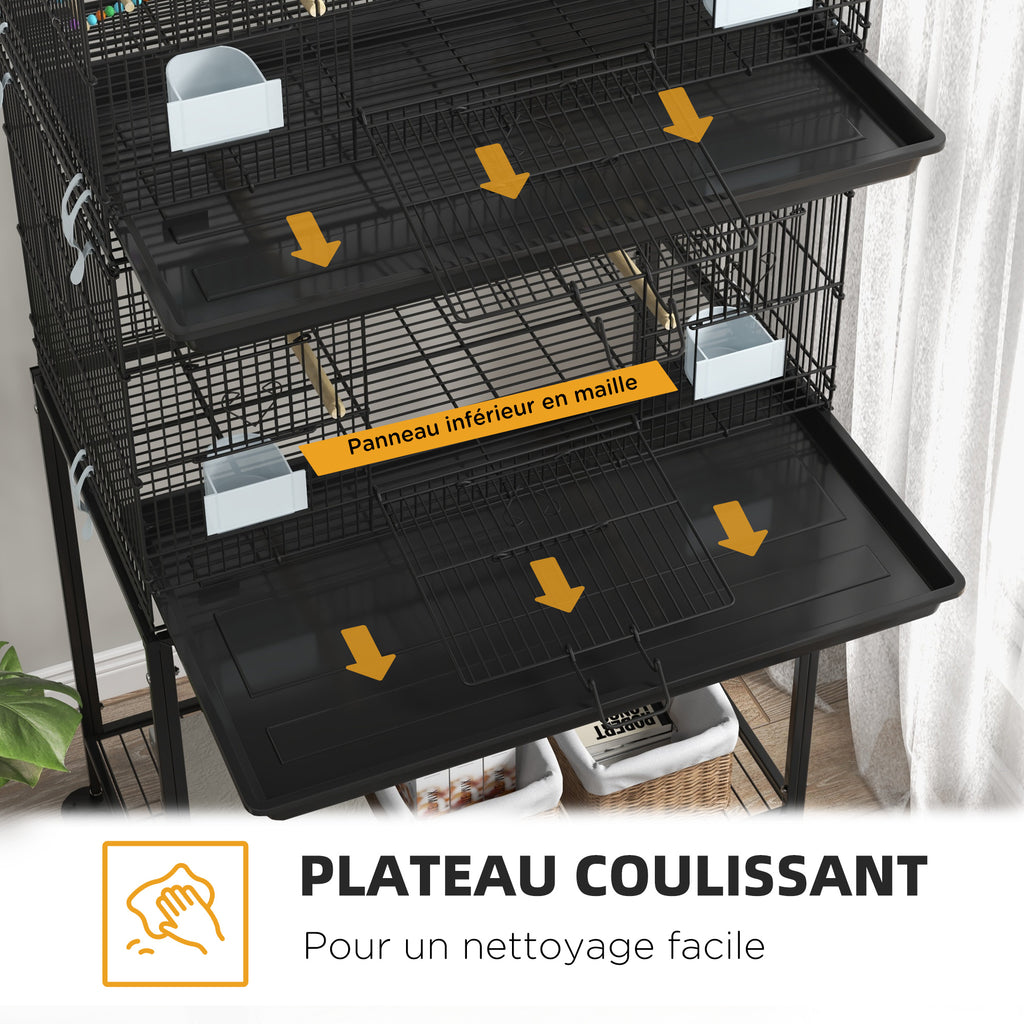 Cage à oiseaux sur pied volière double avec mangeoires perchoirs plateau amovible étagère poignée et roulettes noir-3