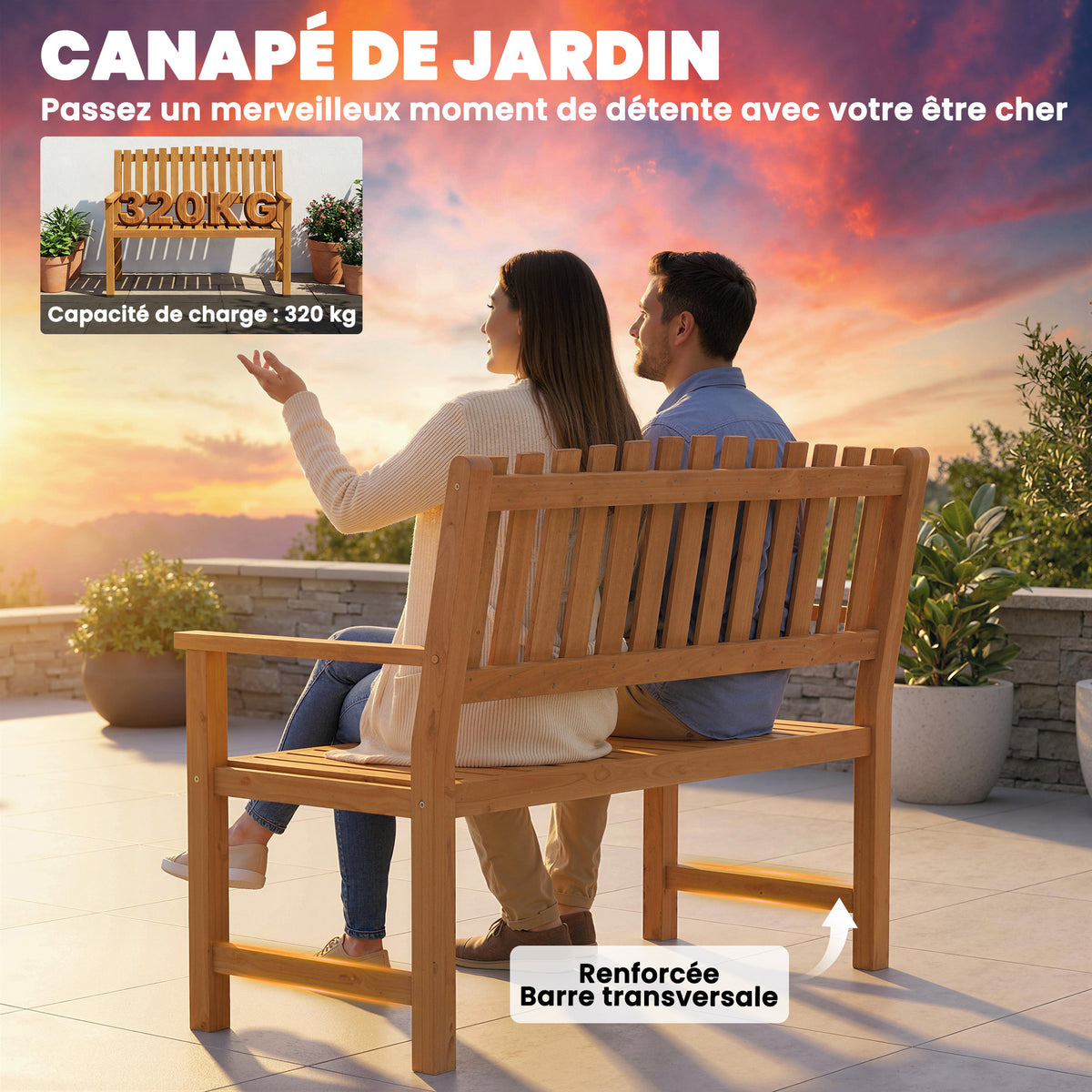 Banc de Jardin Banquette de Terrasse 2 Places Charge Max. 320kg Accoudoirs 112 x 64 x 92 cm Bois d'Acacia Naturel-4