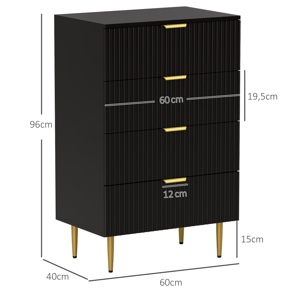 Commode 4 tiroirs commode chambre meuble de rangement moderne avec poignées et pieds dorés, dim. 60 x 40 x 96 cm, noir-2