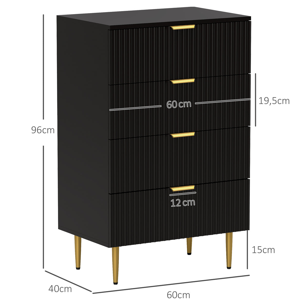 Commode 4 tiroirs commode chambre meuble de rangement moderne avec poignées et pieds dorés, dim. 60 x 40 x 96 cm, noir-2