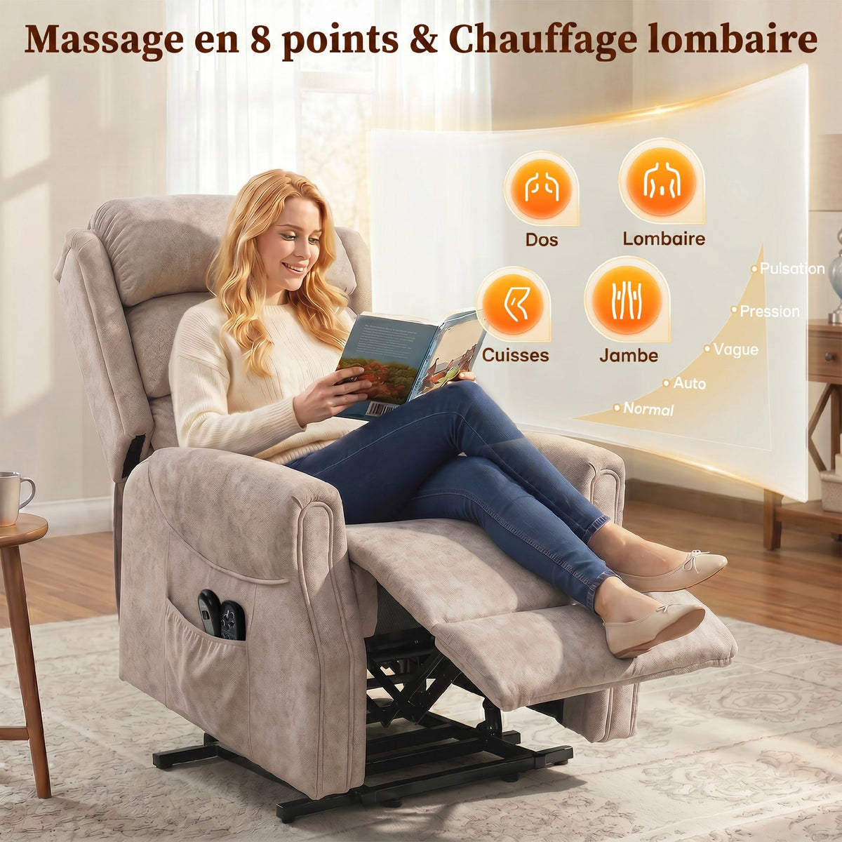 Fauteuil releveur électrique massage par vibrations et chaleur, fauteuil relax électrique en velours, 80x160x82cm, beige-4