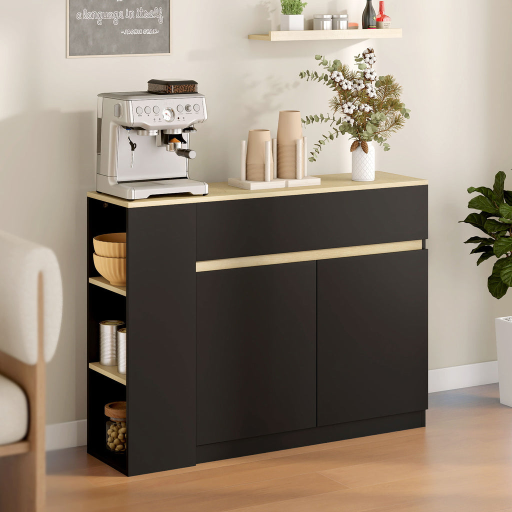 Buffet meuble de rangement avec 2 tiroirs 3 étagères ouvertes et placard 2 portes 110 x 29,5 x 82 cm noir-9
