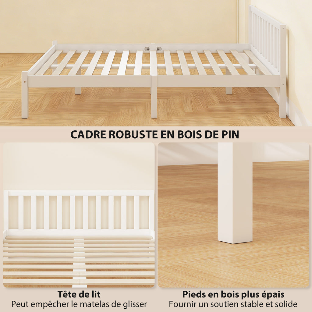 Cadre de lit en bois massif 140x190 cm lit simple avec tête de lit et sommier à lattes solide pour enfants adultes-5